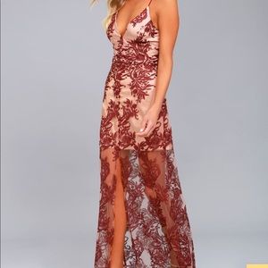 Finders Keepers Spectral Burgundy Lace Maxi Dress